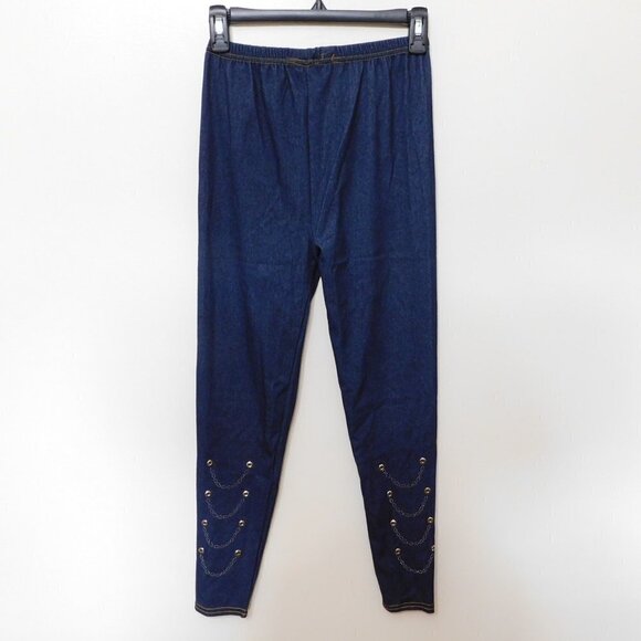 L-1 Blue Jean Look with Chain Look Wide Waisteband Ankle Length Leggings S - Med - Picture 1 of 2